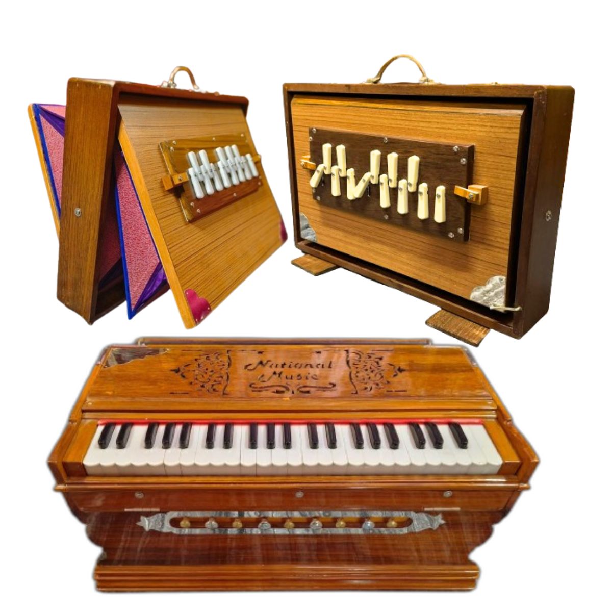 Brown Shruti Boxes and Harmonium