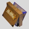 Angled view of a handcrafted Kirtan shruti box with partially expanded blue and gold bellows