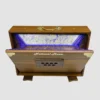 Top-down view inside a National Music WL1 shruti box showing the brand logo and air valves
